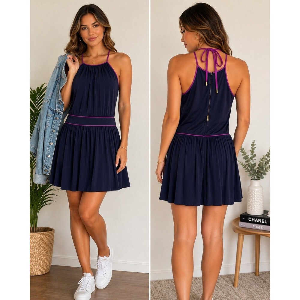New authentic Juicy Couture Women S Halter Neck Dress Navy Coquette Casual Chic